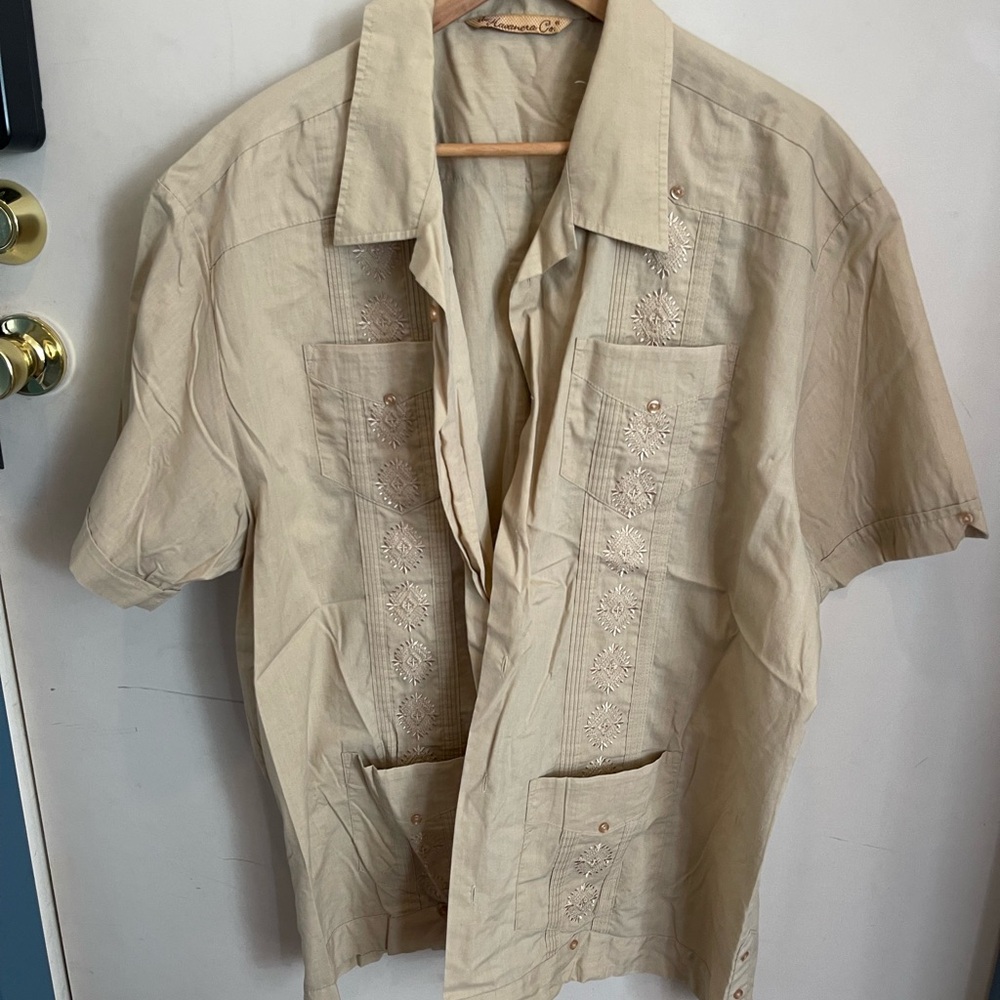 Men's Beige Embroidered Short-Sleeve Button-Down Shirt